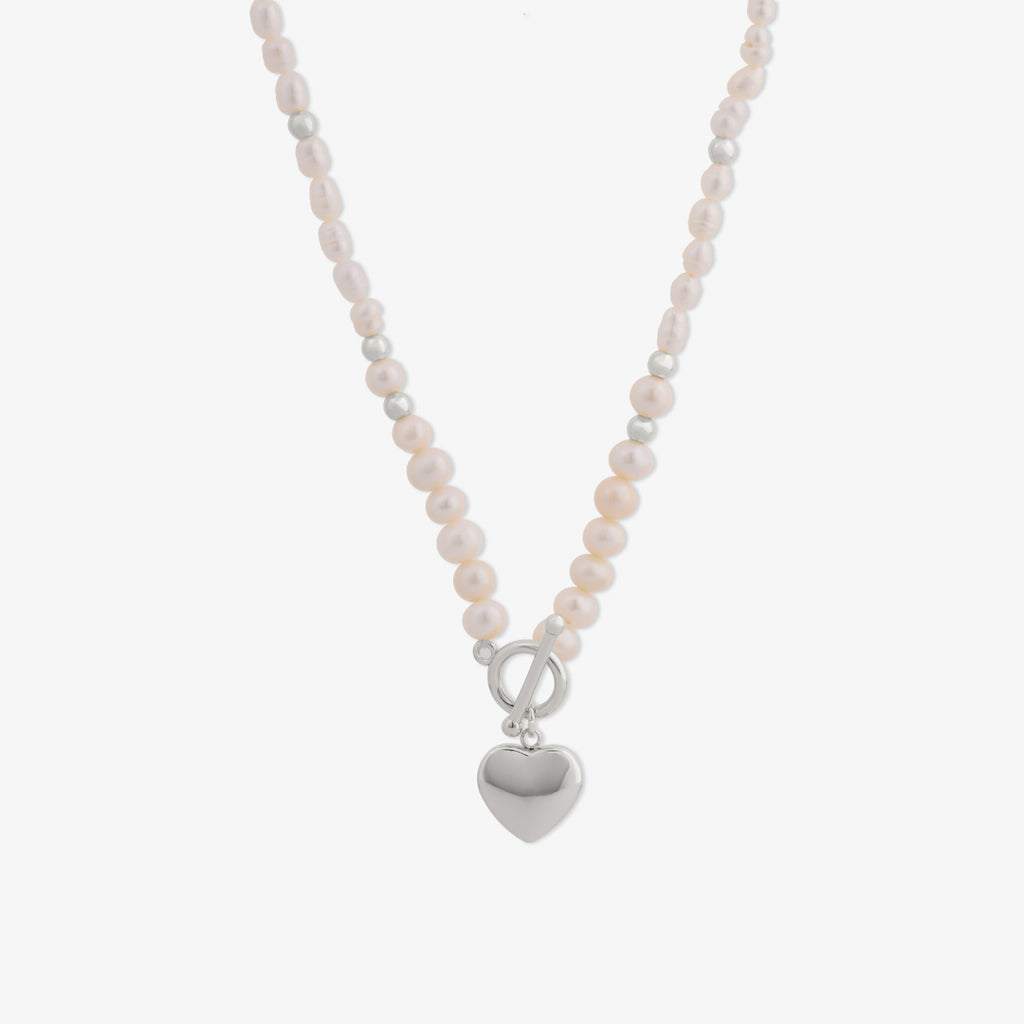 OT Heart Pearl Necklace in Silver